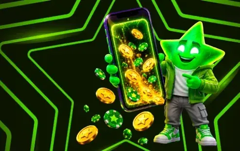 LuckyBoom op de telefoon met munten en de neonster
